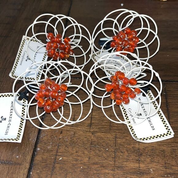 Mackenzie Childs Complement Collection Napkin Rings White Orange beaded Set of 4 - Picture 1 of 3